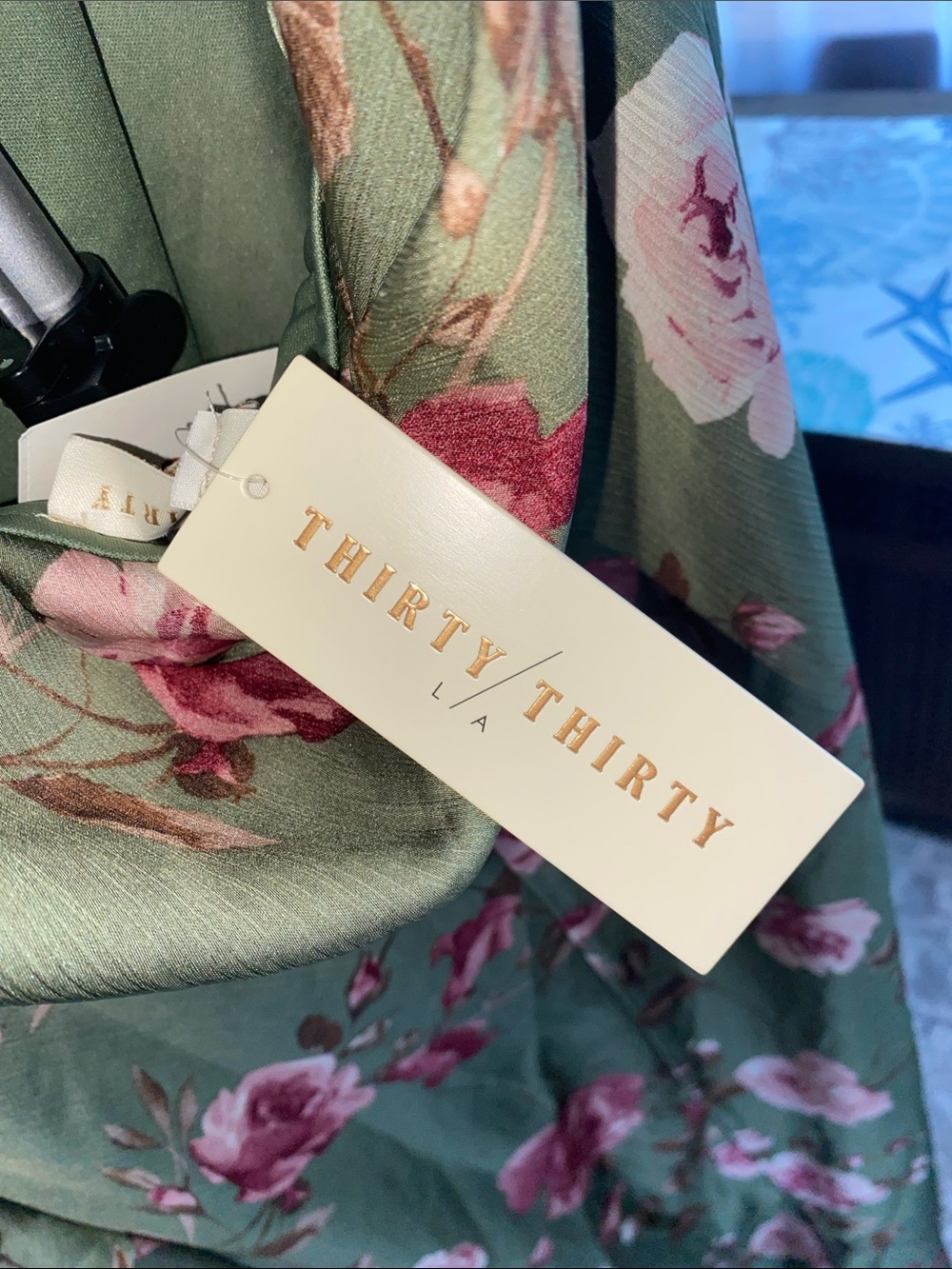 Olive Green Floral Maxi Dress with Pink Rose Detail - Picture 4 of 4